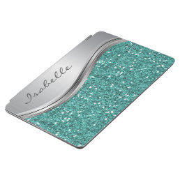 Teal Silver Glitter look Bling Personalized Metal  iPad Air Cover