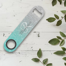 Teal Silver Glitter Look Ombre Monogram  Bar Key