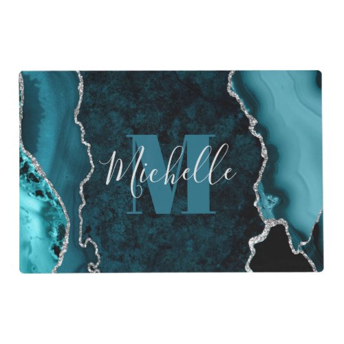 Teal  Silver Glitter Marble Agate Monogram Placemat