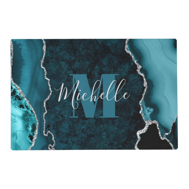 Teal & Silver Glitter Marble Agate Monogram Placemat (Front)