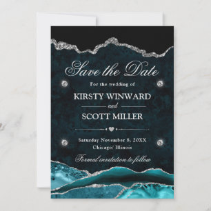 Teal Silver Glitter Marble Agate Save the Date