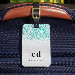 Teal silver glitter sea green monogram name luggage tag