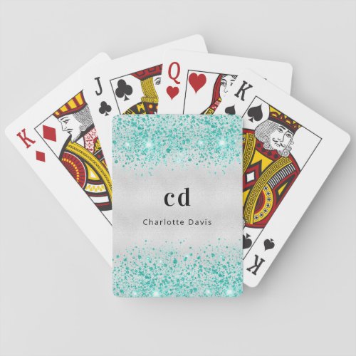 Teal silver glitter sea green monogram name poker cards