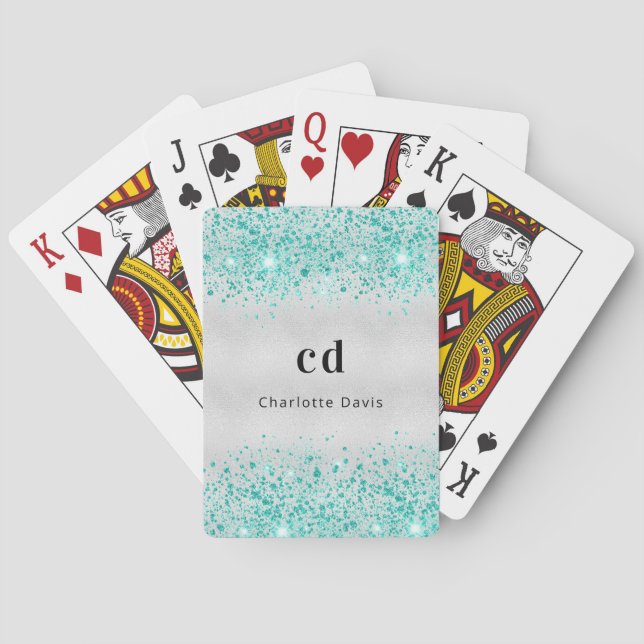 Teal silver glitter sea green monogram name poker cards (Back)