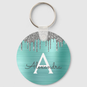 Teal Silver Glitter Stainless Steel Monogram Keychain
