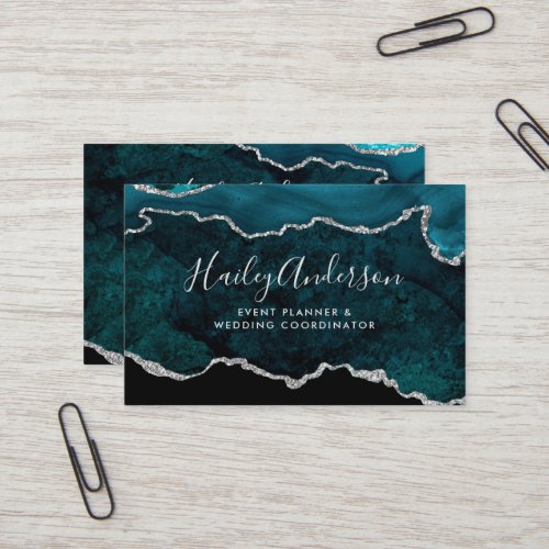 Teal  Silver Glitter Watercolor Gilded Agate Business Card