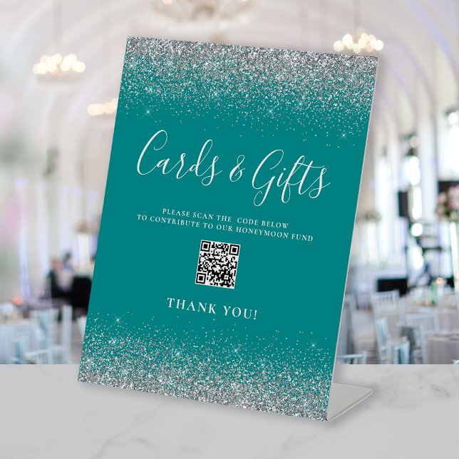 Teal Silver Glitter Wedding Cards Gifts QR Code Pedestal Sign (Creator Uploaded)