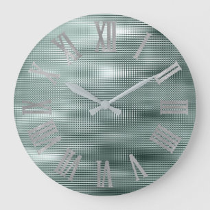Teal Silver Gray Minimal Metallic Roman Numers Large Clock
