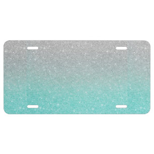Teal Silver Grey Glitter Ombre Fading License Plate