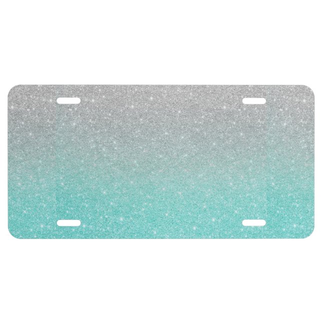 Teal Silver Grey Glitter Ombre Fading License Plate (Front)