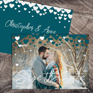 Teal, Silver Hearts, Winter or Valentines Wedding Foil Invitation