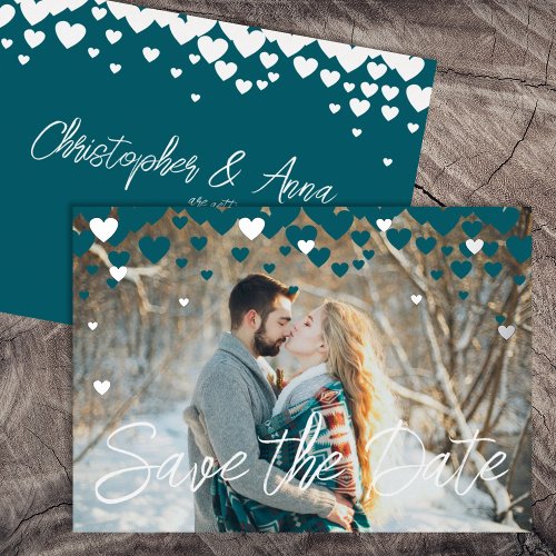 Teal Silver Hearts Winter or Valentines Wedding Foil Invitation