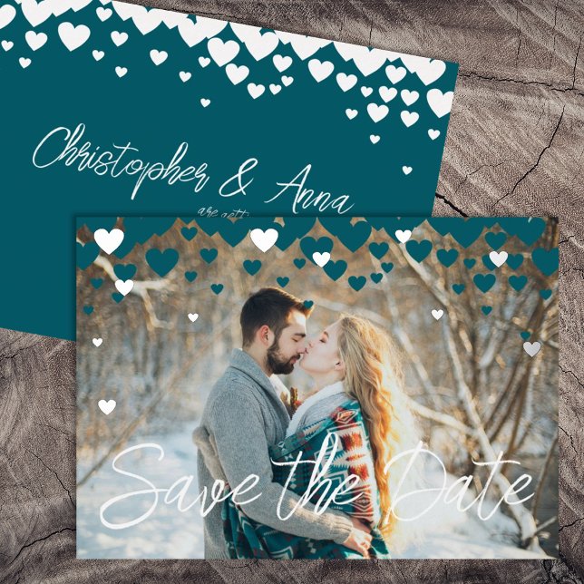 Teal, Silver Hearts, Winter or Valentines Wedding Foil Invitation (winter teal green valentines february wedding save the date hearts elegant script calligraphy invite)