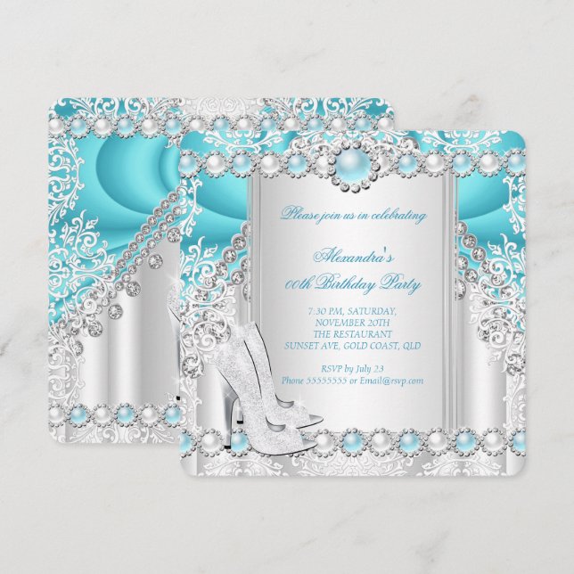 Teal Silver High Heels Pearl Birthday Party 2 Invitation (Front/Back)