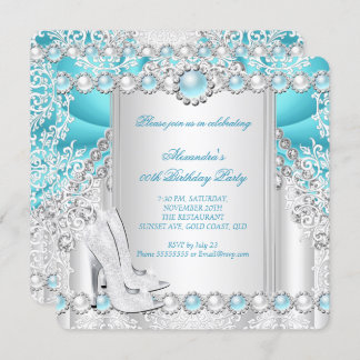 Teal Silver High Heels Pearl Birthday Party 2 Invitation