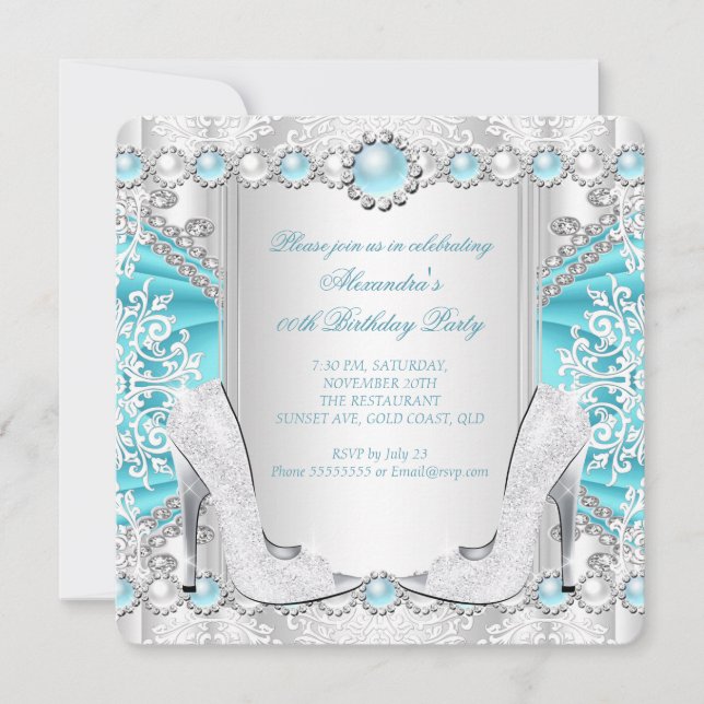 Teal Silver High Heels White Pearl Birthday 2 Invitation (Front)