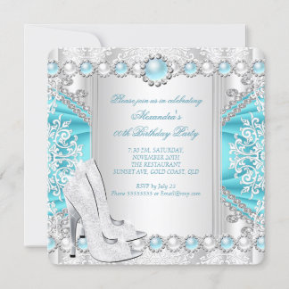 Teal Silver High Heels White Pearl Birthday Party Invitation