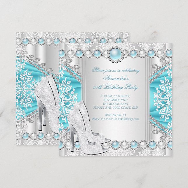 Teal Silver High Heels White Pearl Birthday Party Invitation (Front/Back)