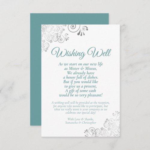 Teal  Silver Lace White Wedding Wishing Well Poem Enclosure Card