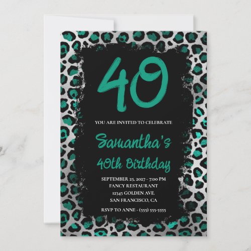 Teal Silver Leopard Painted Black 40th Birthday Invitation