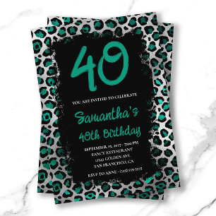 Teal Silver Leopard Painted Black 40th Birthday Invitation