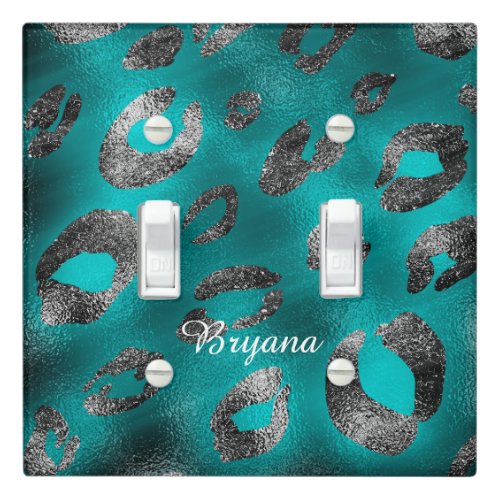 Teal  Silver Leopard Print Glam Light Switch Cover