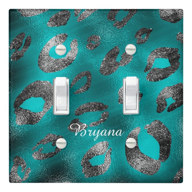 Teal & Silver Leopard Print Glam Light Switch Cover (In Situ)