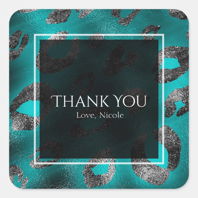 Teal & Silver Leopard Print Party Favor Square Sticker (Front)