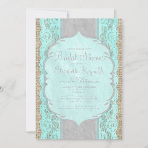 Teal Silver Linen Lace Bridal Shower Invitations
