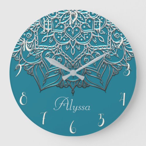 Teal  Silver Mandala Elegant Minimal Moroccan Large Clock