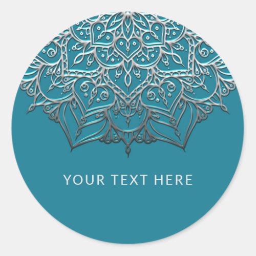 Teal  Silver Mandala Elegant Minimal Wedding Classic Round Sticker