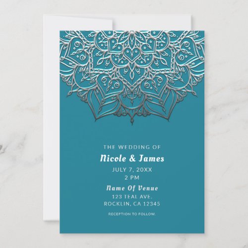 Teal  Silver Mandala Elegant Minimal Wedding Invitation