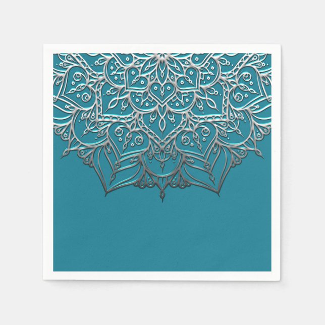 Teal & Silver Mandala Elegant Minimal Wedding Napkins (Front)