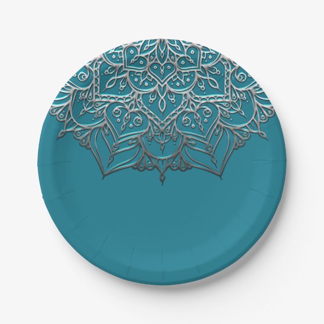 Teal & Silver Mandala Elegant Minimal Wedding Paper Plates (Front)