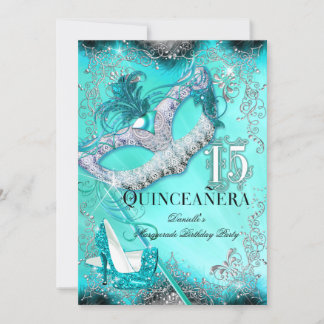 Teal Silver Masquerade Quinceanera Birthday Invitation