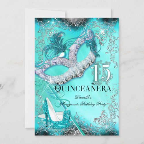 Teal Silver Masquerade Quinceanera Birthday Invitation