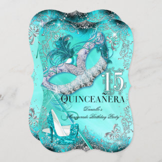 Teal Silver Masquerade Quinceanera Birthday Invite