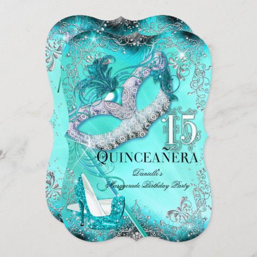 Teal Silver Masquerade Quinceanera Birthday Invite