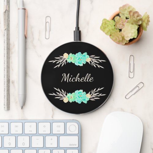 Teal  Silver Monogram Add Your Name on Black Wireless Charger