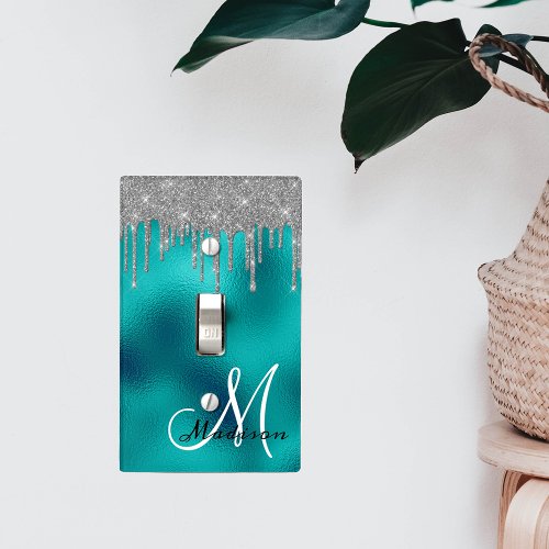 Teal Silver Monogram Glitter Drips Pretty Girly Light Switch Cover