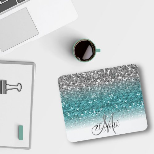 Teal Silver Ombre Glitter Bling Personalized Mouse Pad