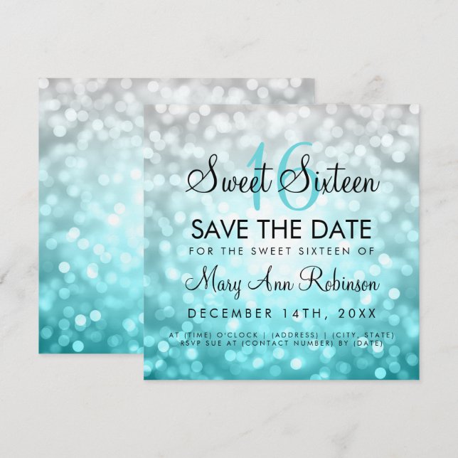 Teal Silver Ombre Sweet 16 Birthday Glitter Lights Invitation (Front/Back)