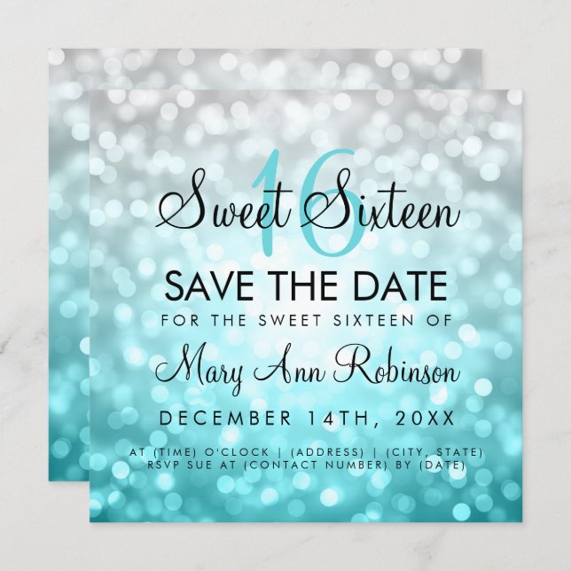 Teal Silver Ombre Sweet 16 Birthday Glitter Lights Invitation (Front/Back)