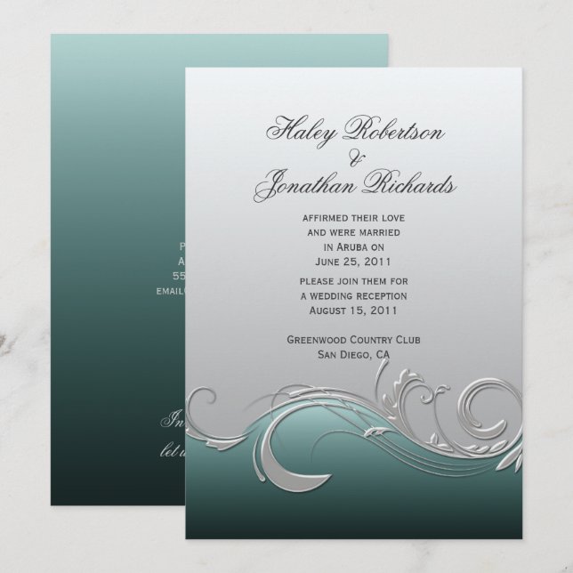 Teal Silver Ornate Swirls Post Wedding Invitation (Front/Back)
