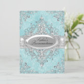 Teal & Silver Pearl Vintage Glamour Quinceanera Invitation (Standing Front)