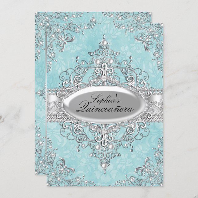 Teal & Silver Pearl Vintage Glamour Quinceanera Invitation (Front/Back)