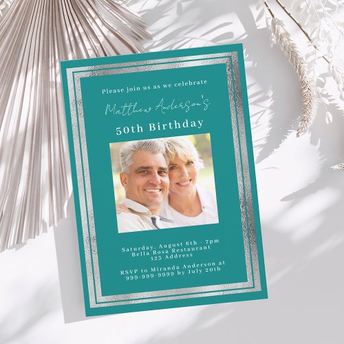 Teal silver photo birthday invitation