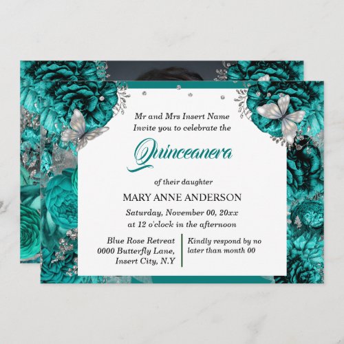 Teal silver PHOTO glitter butterfly elegant Invitation