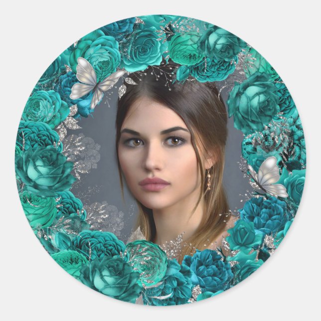 Teal silver photo glitter butterfly girls party classic round sticker (Front)