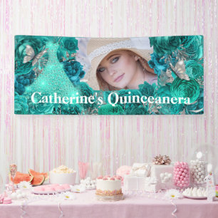 Teal silver photo glitter butterfly quinceanera banner